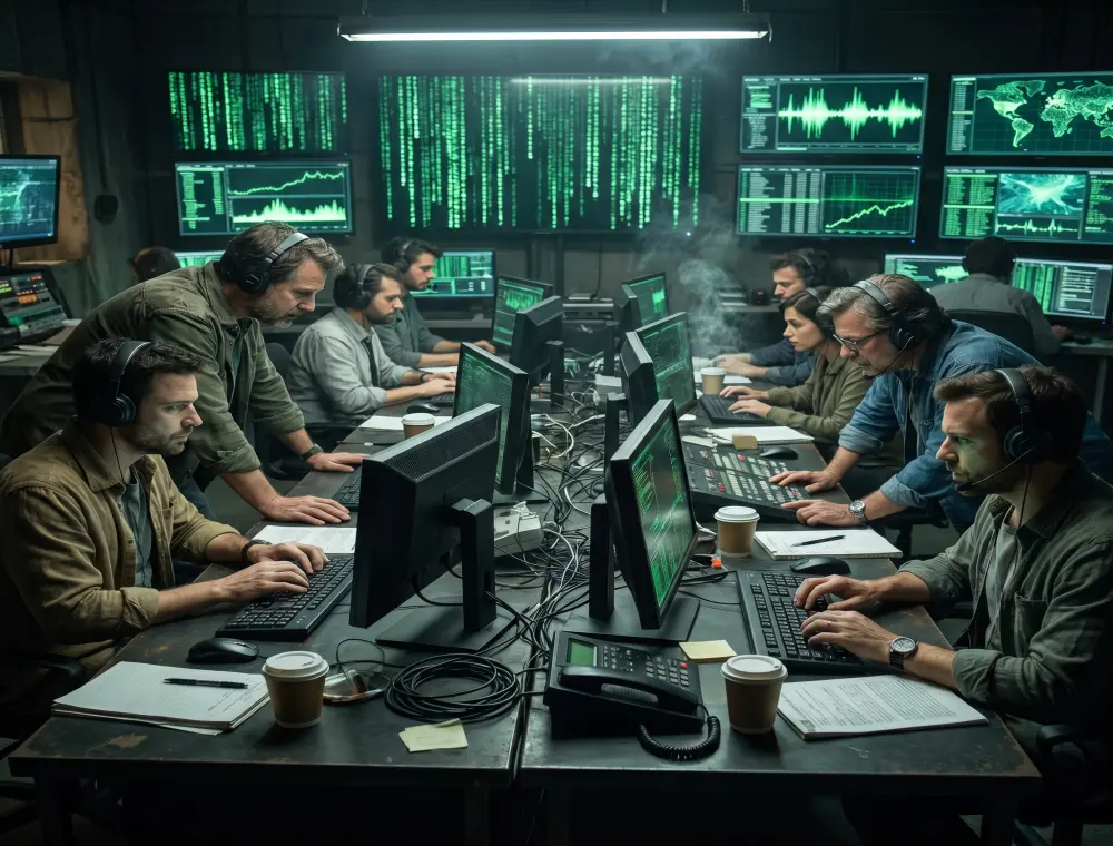 Publast editorial command desk with operators reviewing signal channels