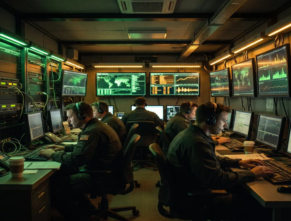 Cyber editorial briefing room with compact desks and monitors