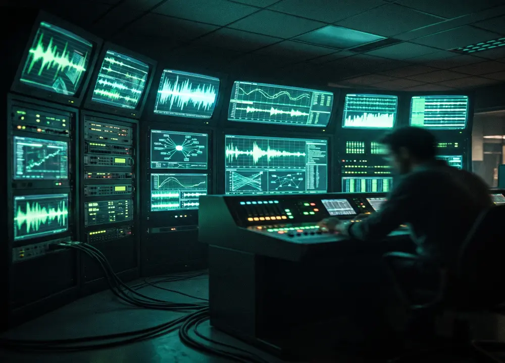 Signal broadcast wall showing editorial routing panels