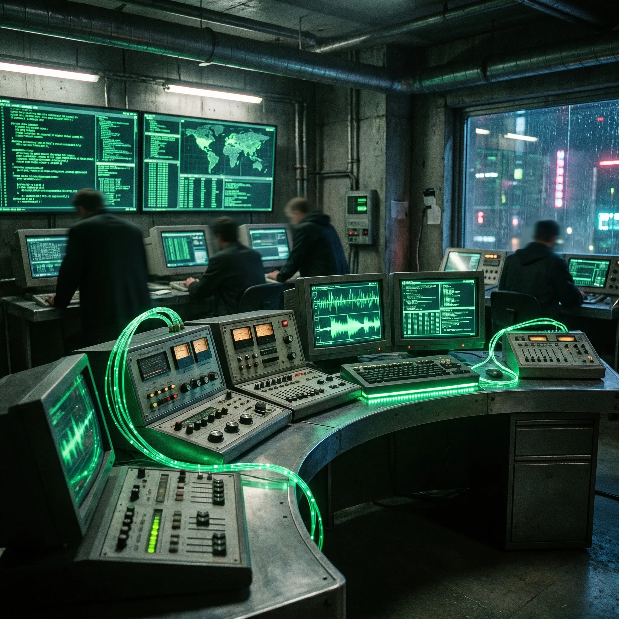 Cyber newsroom broadcast desk with luminous signal monitors